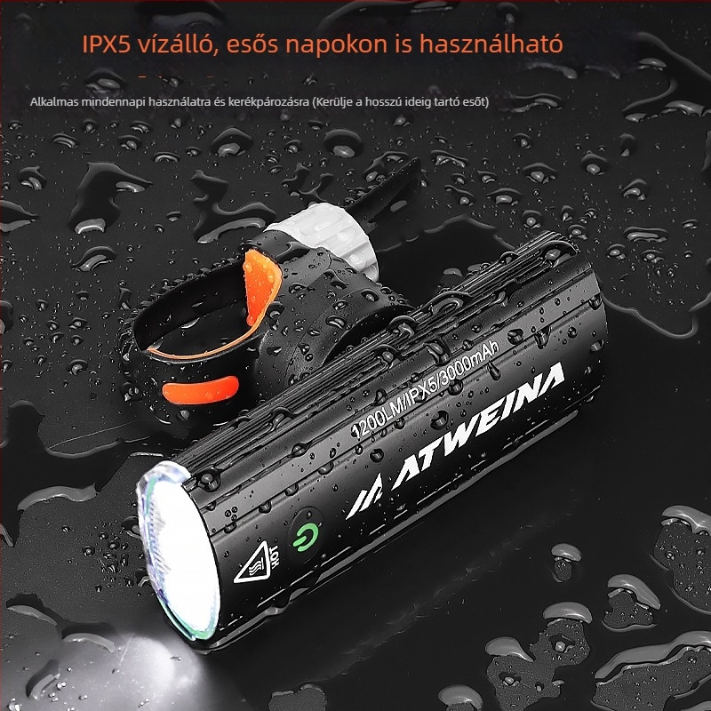 Hegyi kerékpár elülső lámpa három LED-del, vízálló, alumínium ház, 3000 mAh, USB Type-C