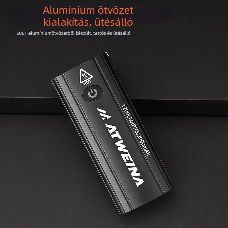 Hegyi kerékpár elülső lámpa három LED-del, vízálló, alumínium ház, 3000 mAh, USB Type-C