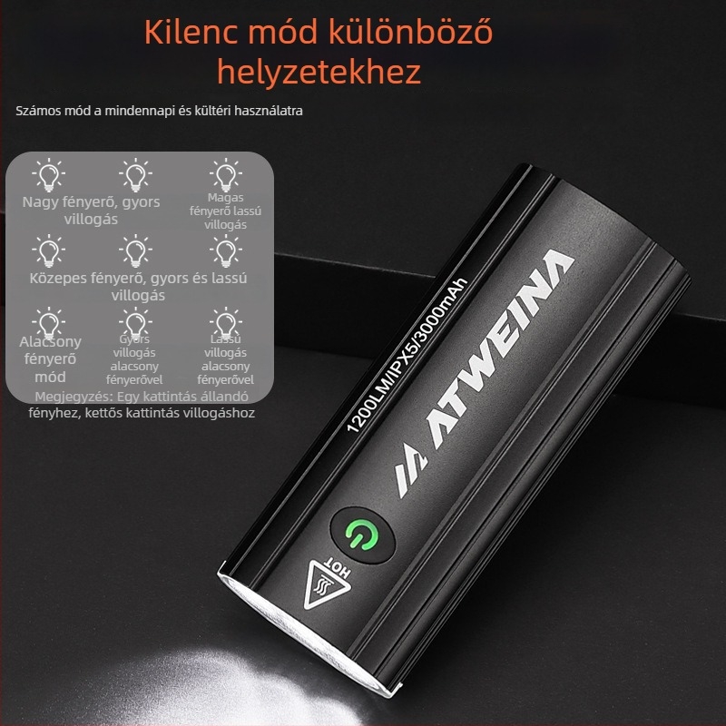 Hegyi kerékpár elülső lámpa három LED-del, vízálló, alumínium ház, 3000 mAh, USB Type-C