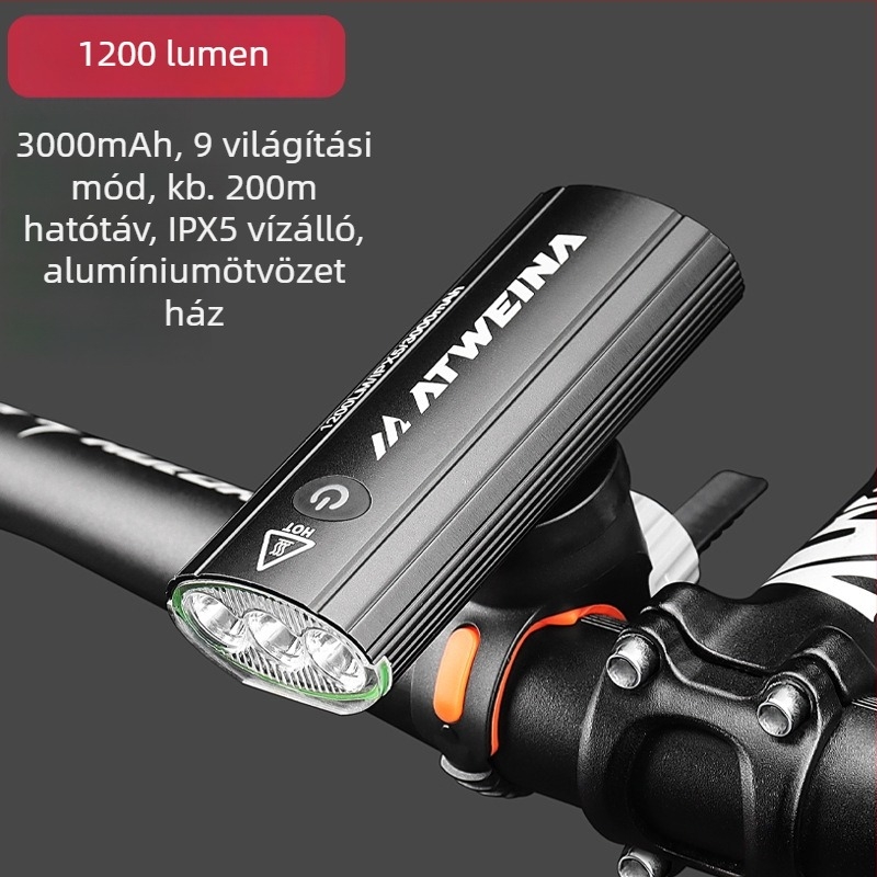 Hegyi kerékpár elülső lámpa három LED-del, vízálló, alumínium ház, 3000 mAh, USB Type-C