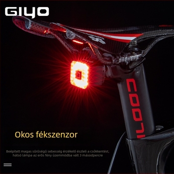 GIYO kerékpáros intelligens féklámpa USB töltéssel, nagy fényerejű LED, figyelmeztető fény, MTB és országúti kerékpárokhoz