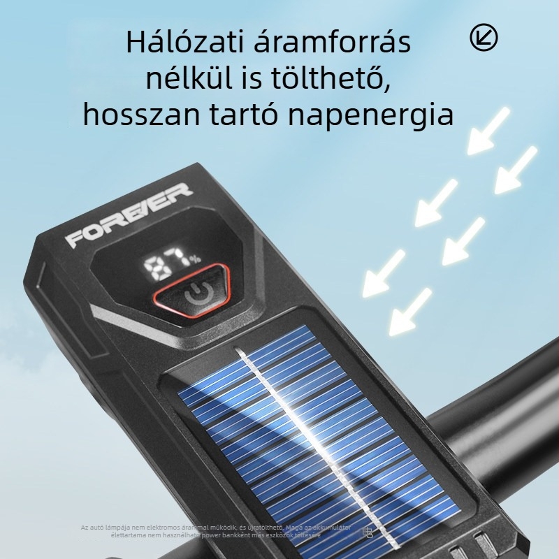 Napelemes kerékpár első lámpa, újratölthető hegyi kerékpárhoz