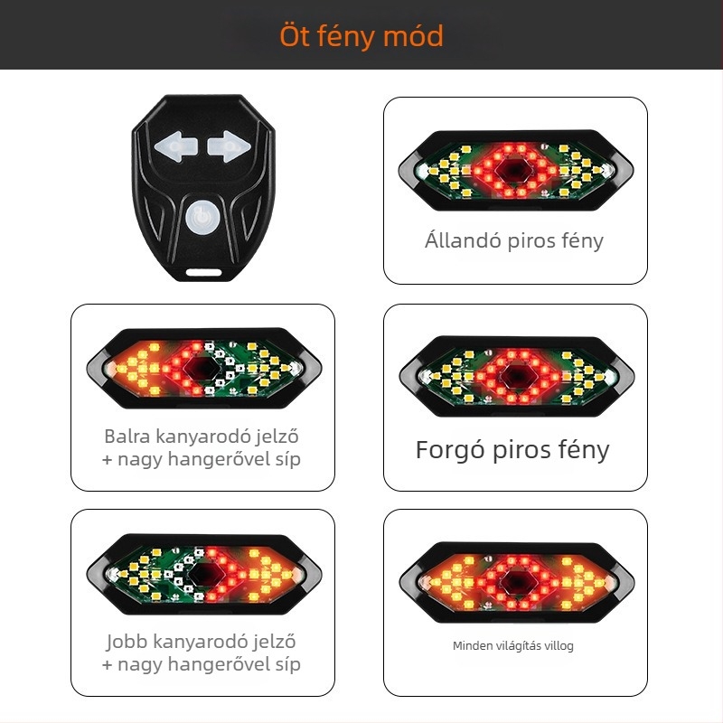 Kerékpár világítás távirányítóval és balra/jobbra jelzőkkel, USB-töltésű LED hátsó lámpa, vízálló, kürttel