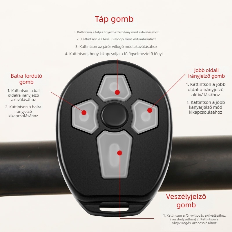 Biciklis hátsó lámpa vezeték nélküli távirányítással és USB töltéssel (Márka: D980; Importálás: Nem; Engedélyezett magánmárkák: Nem)