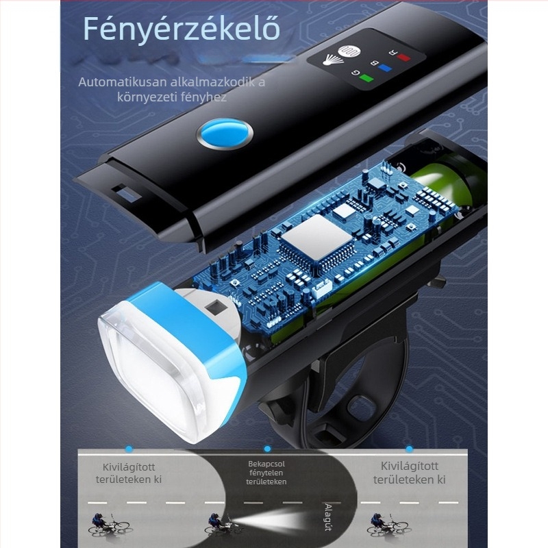 Kerékpár előtti lámpa USB töltéssel, vízálló, érzékelővel, MTB éjszakai tekeréshez, kürttel