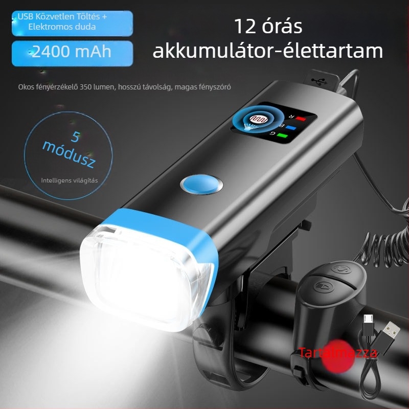 Kerékpár előtti lámpa USB töltéssel, vízálló, érzékelővel, MTB éjszakai tekeréshez, kürttel