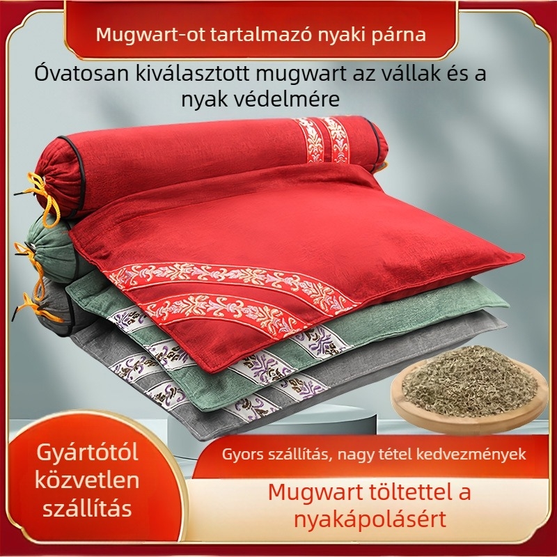 Hongzhaotang Mugwort egyrészes nyakpárna felfújható meleg tömörítéssel, U‑formájú hengeres nyakpárna, pamut és len