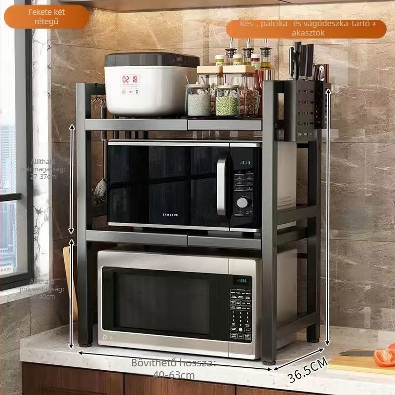 Konyhai mikrohullámú sütő tároló állvány, kihúzható munkafelület, többszintes kivitel, szénacél anyag, egyszerű és modern stílus, márka Strong merchants