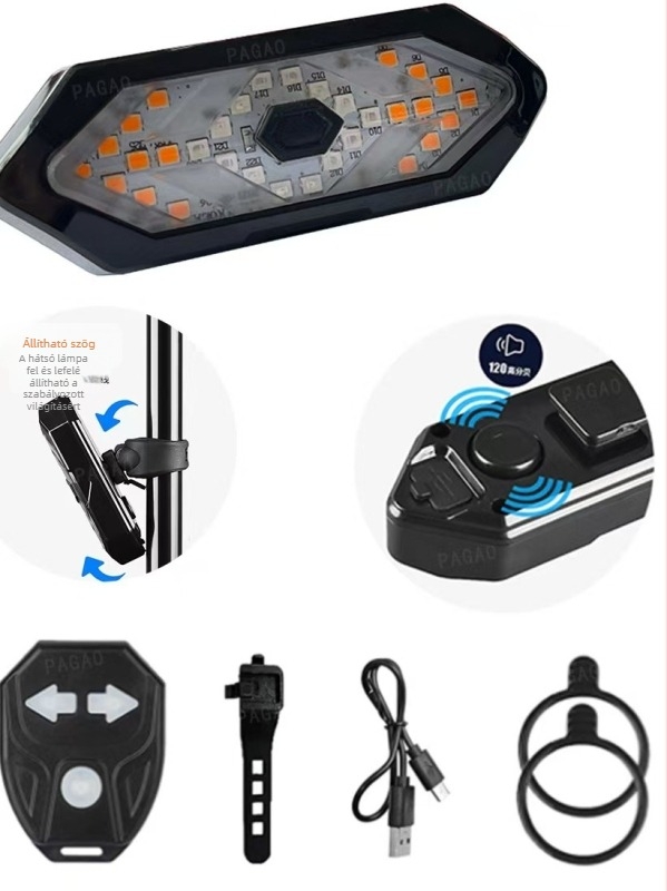 Kerékpár lámpa távirányítós kanyarjelzővel, hátsó lámpával és kürttel (Micro-USB töltés, rögzítés hevederrel, Modell FY1820, CE/ROHS)