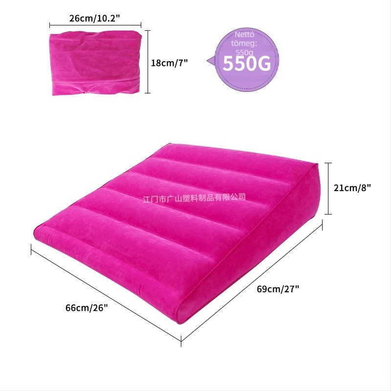 Hordozható háromszög alakú belső levegős párna flockolt PVC felülettel nyaki támaszhoz, méretek 66×20×66 cm