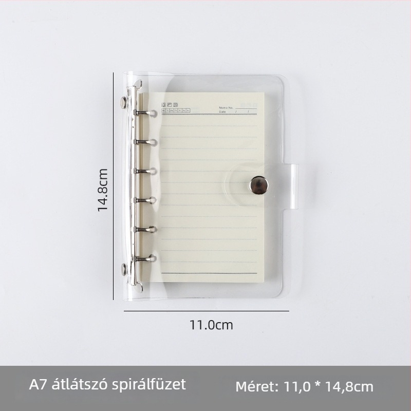Átlátszó A7-es loose-leaf jegyzetfüzet PVC borítóval; több lyukasztási lehetőség: A5 6 lyuk, B5 9 lyuk, A4 4 lyuk, 26 lyuk és 20 lyuk