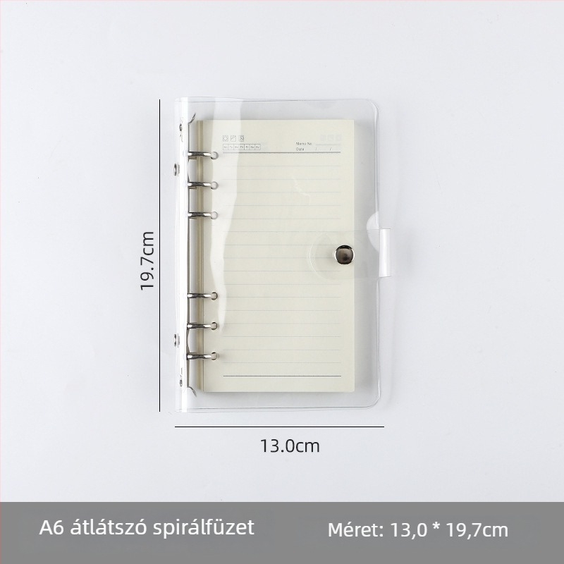 Átlátszó A7-es loose-leaf jegyzetfüzet PVC borítóval; több lyukasztási lehetőség: A5 6 lyuk, B5 9 lyuk, A4 4 lyuk, 26 lyuk és 20 lyuk
