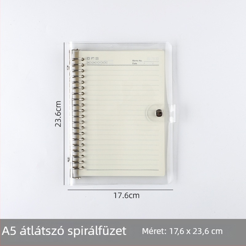 Átlátszó A7-es loose-leaf jegyzetfüzet PVC borítóval; több lyukasztási lehetőség: A5 6 lyuk, B5 9 lyuk, A4 4 lyuk, 26 lyuk és 20 lyuk