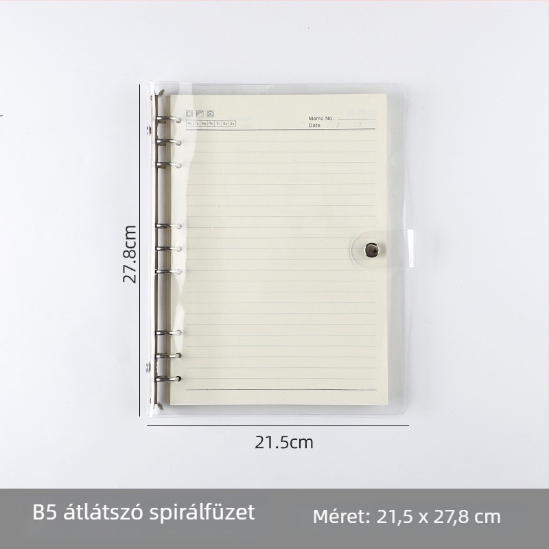 Átlátszó A7-es loose-leaf jegyzetfüzet PVC borítóval; több lyukasztási lehetőség: A5 6 lyuk, B5 9 lyuk, A4 4 lyuk, 26 lyuk és 20 lyuk