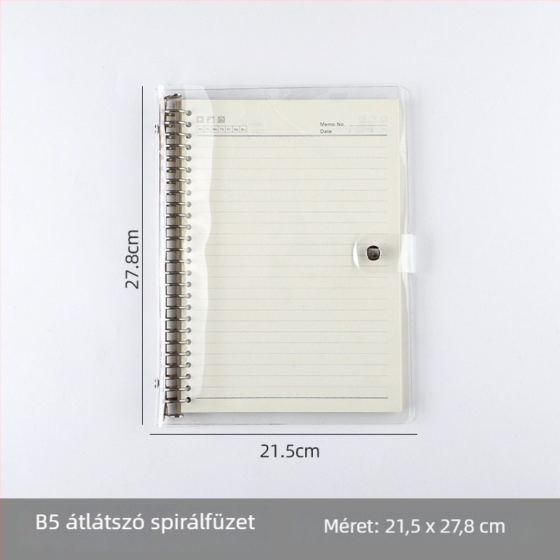 Átlátszó A7-es loose-leaf jegyzetfüzet PVC borítóval; több lyukasztási lehetőség: A5 6 lyuk, B5 9 lyuk, A4 4 lyuk, 26 lyuk és 20 lyuk