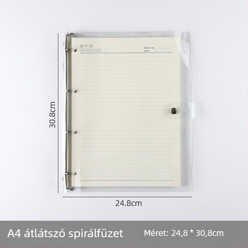 Átlátszó A7-es loose-leaf jegyzetfüzet PVC borítóval; több lyukasztási lehetőség: A5 6 lyuk, B5 9 lyuk, A4 4 lyuk, 26 lyuk és 20 lyuk