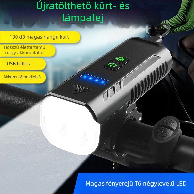 Yiquan kerékpáros első lámpa beépített kürttel, 1000 lumen, magas és alacsony fényáram