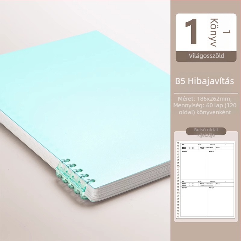 B5 hiba-kijavítására szolgáló füzet leválasztható lapokkal, diákoknak, binder kötés, PU borító, 300 g/m² papír, 100–200 oldal
