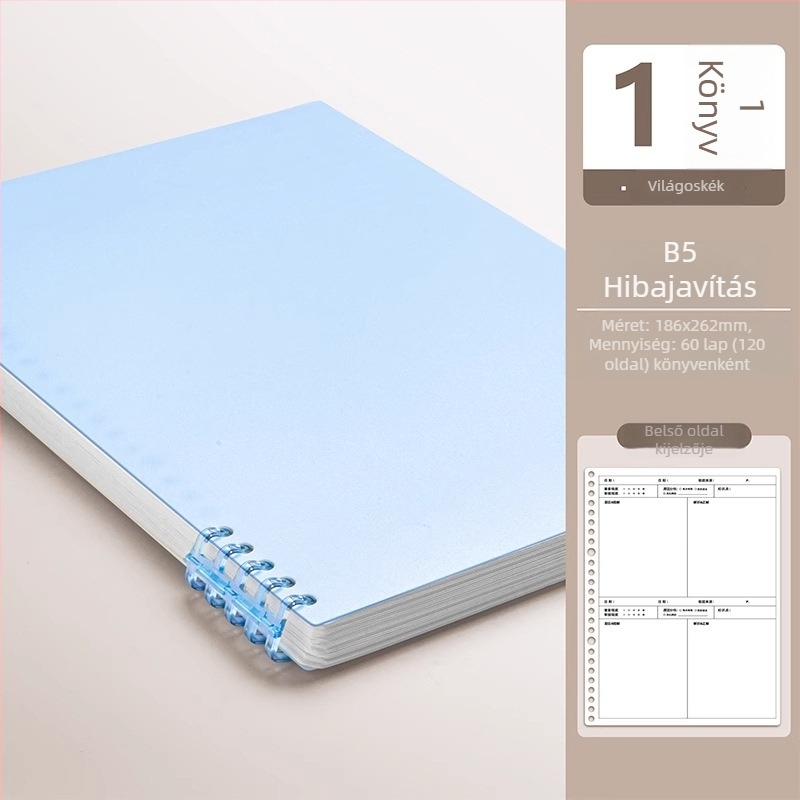B5 hiba-kijavítására szolgáló füzet leválasztható lapokkal, diákoknak, binder kötés, PU borító, 300 g/m² papír, 100–200 oldal