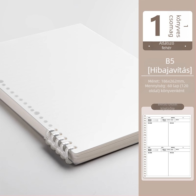 B5 hiba-kijavítására szolgáló füzet leválasztható lapokkal, diákoknak, binder kötés, PU borító, 300 g/m² papír, 100–200 oldal