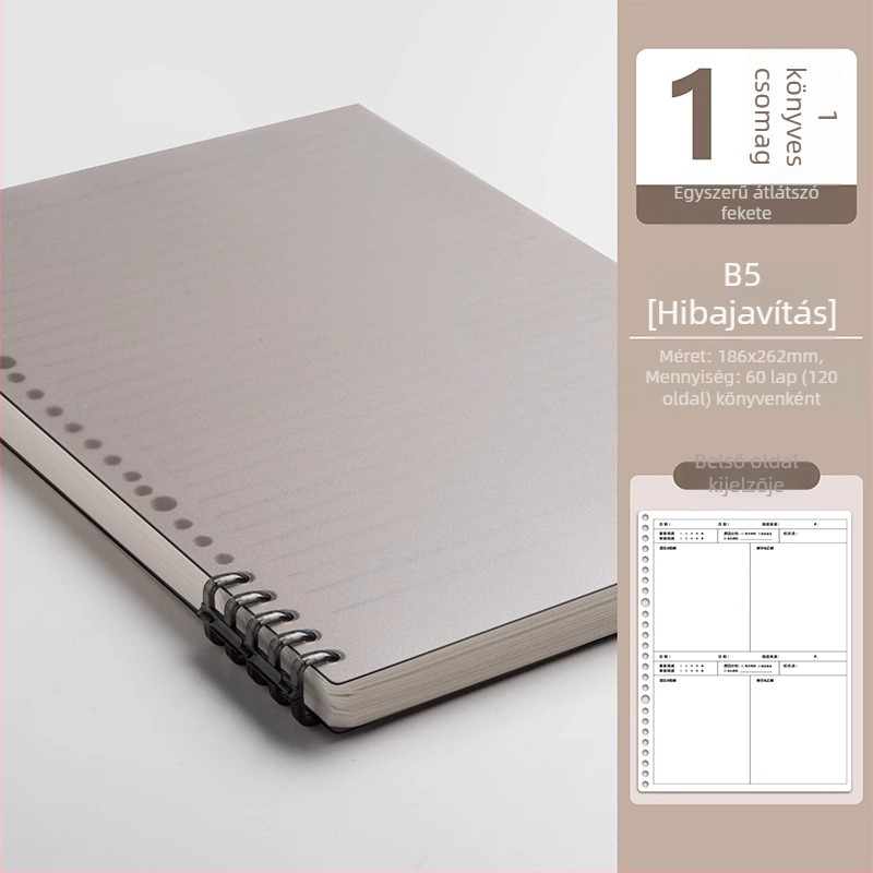 B5 hiba-kijavítására szolgáló füzet leválasztható lapokkal, diákoknak, binder kötés, PU borító, 300 g/m² papír, 100–200 oldal