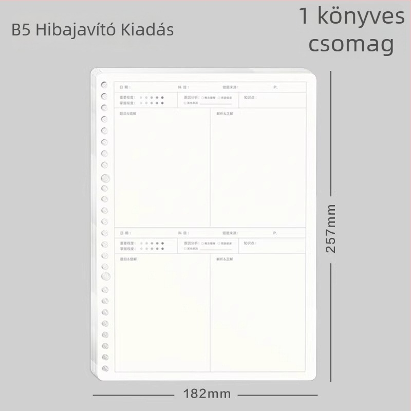 B5 hiba-kijavítására szolgáló füzet leválasztható lapokkal, diákoknak, binder kötés, PU borító, 300 g/m² papír, 100–200 oldal
