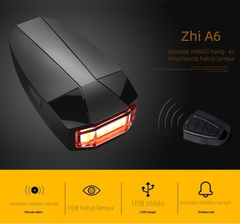 A6 kerékpár hátsó lámpa lopás elleni riasztóval, USB-töltésű, LED figyelmeztető fény terepkerékpárhoz