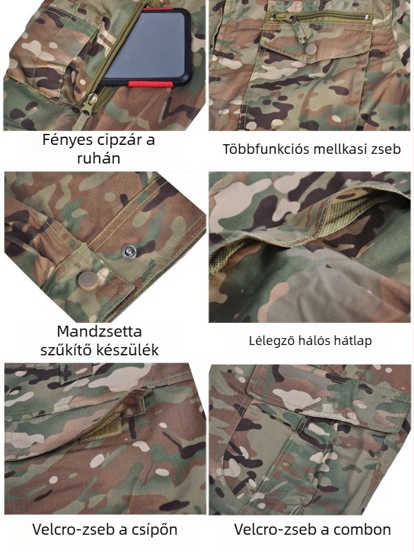 Uniszex kamufláž ruha szett felnőtteknek - pamutkeverék, légáteresztő, nedvességvezető és kopásálló; kamufláž mintázat; ideális nyárra, tavaszra és őszre.