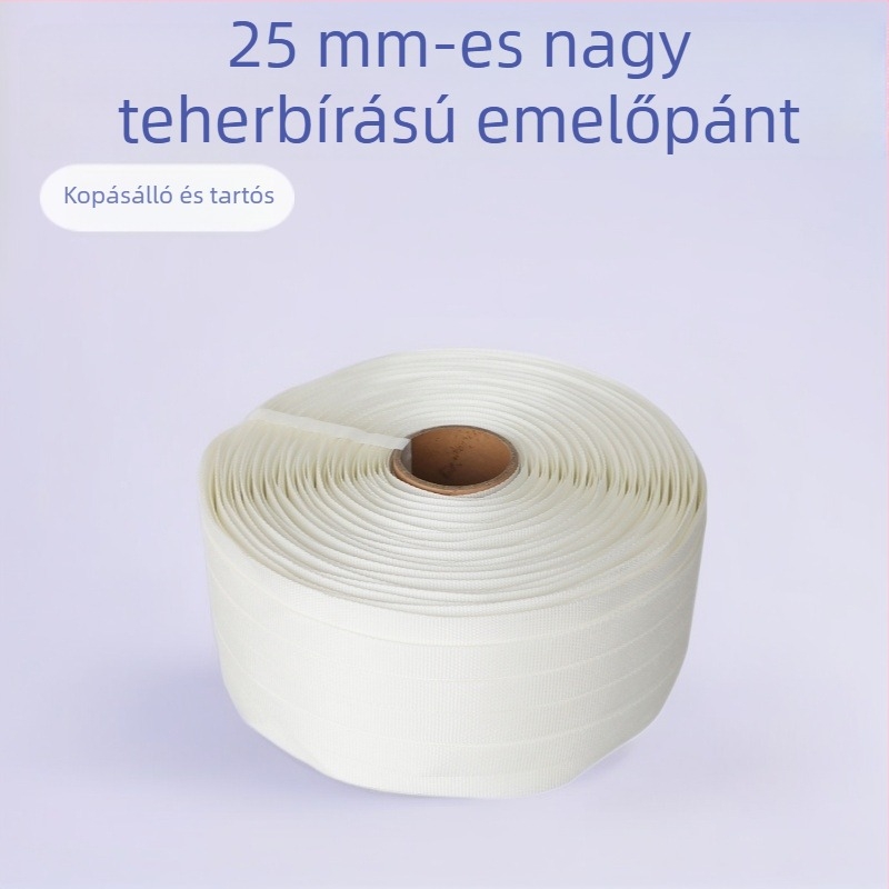 25 mm fehér, nagy szilárdságú poliészter webbing szalag szállításhoz és rögzítéshez, kopásálló, nehéz terheléshez készített emelőszalag, 500 m hosszú, szakítószilárdság 2000 kg