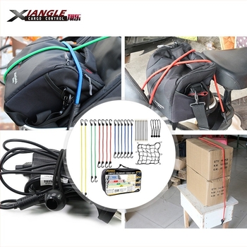 28 darabos poggyász kötél és rögzítő szett latex rugószsinórokkal, sátorklipekkel és teherhálóval, teherbírás 60 kg