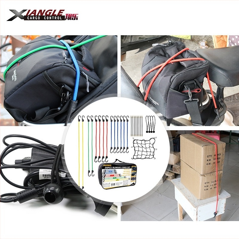 28 darabos poggyász kötél és rögzítő szett latex rugószsinórokkal, sátorklipekkel és teherhálóval, teherbírás 60 kg