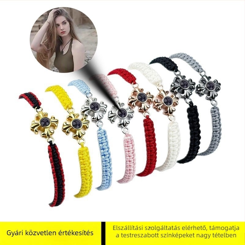 Kötött kereszt karkötő vetítő kővel, uniszex, elektroplattált kötél, 2025 tél, New Zhongyue Jewelry