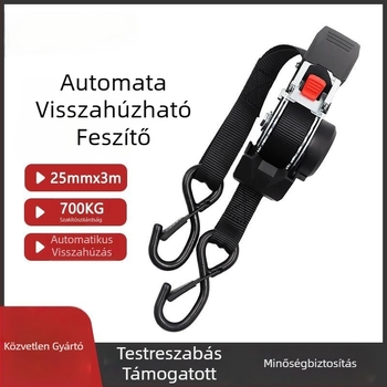 Automatikus feszítő poggyász kötélhez és motorkerékpár hevederekhez, 3 m hosszú, 25 mm széles, poliészter, CE