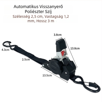 Automatikus feszítő poggyász kötélhez és motorkerékpár hevederekhez, 3 m hosszú, 25 mm széles, poliészter, CE