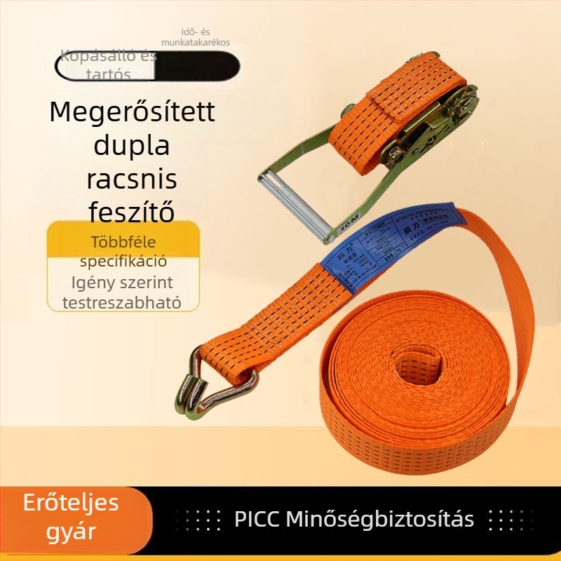 Teherautóhoz tervezett rakományrögzítő hevederek, szállítási hevederek, konténerek rögzítésére szolgáló poliészter ratchet feszítőhevederek