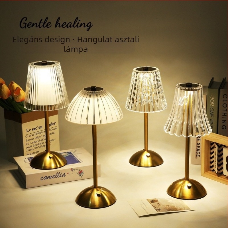 Nordic LED asztali lámpa kristály árnyékolóval, érintéses kapcsoló, beépített akkumulátor, USB töltés, színhőmérséklet állítható