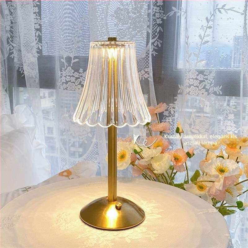 Nordic LED asztali lámpa kristály árnyékolóval, érintéses kapcsoló, beépített akkumulátor, USB töltés, színhőmérséklet állítható