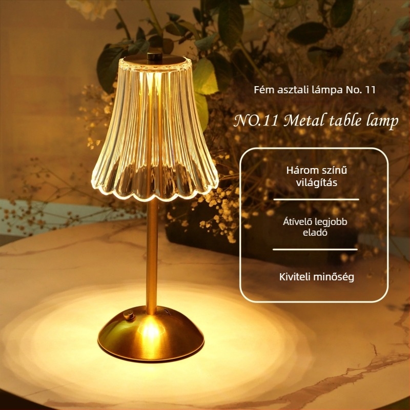 Nordic LED asztali lámpa kristály árnyékolóval, érintéses kapcsoló, beépített akkumulátor, USB töltés, színhőmérséklet állítható