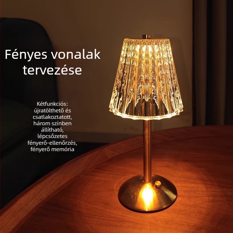 Nordic LED asztali lámpa kristály árnyékolóval, érintéses kapcsoló, beépített akkumulátor, USB töltés, színhőmérséklet állítható