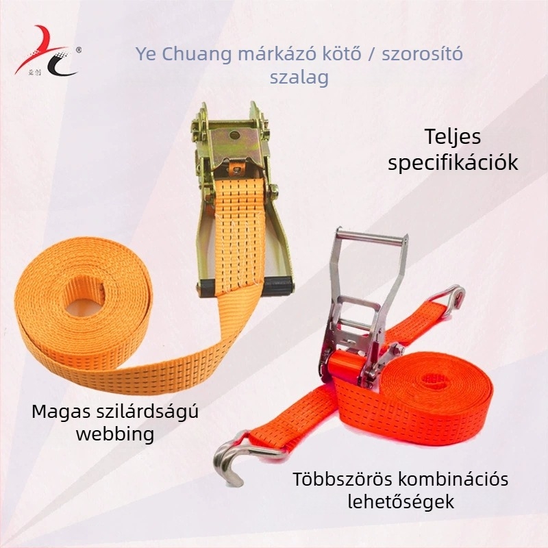 Ratchet típusú áruszállítási heveder erősített feszítővel, megtartóval és rögzítő fogantyúval – teherbírás 5 és 3 tonna