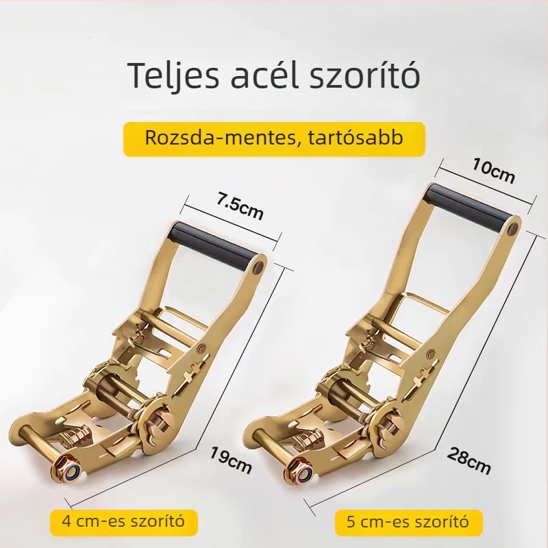 Ratchet típusú áruszállítási heveder erősített feszítővel, megtartóval és rögzítő fogantyúval – teherbírás 5 és 3 tonna