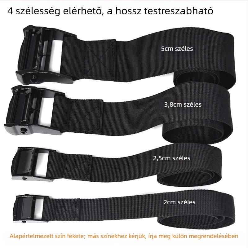 Nylon szorítószalag cinkötvözet csattal autó- és motorkerékpár rögzítésére; Anyag: cinkötvözet csattal + nylon szalag; Alkalmazás: csomagolás és bekötözés