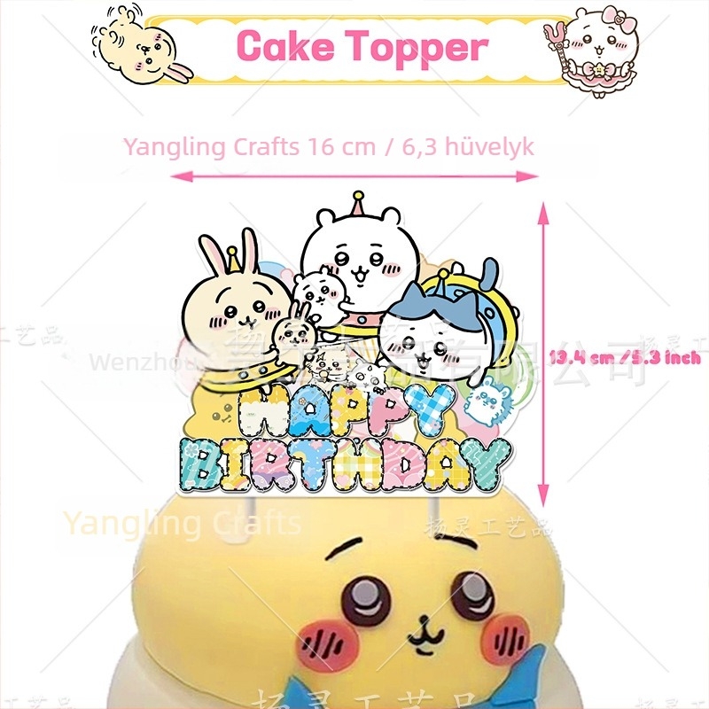 Chiikawa témájú szülinapi dekoráció — zászlók, torta betétkártyák, lógó díszítések; papír, nyomtatás, stílus 11750646, helyszíni dekorációs kellékek