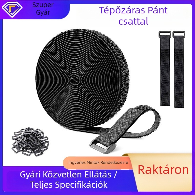 Öntapadós Velcro kábelkötő szalag nylon‑fém csattal, tápkábelekhez