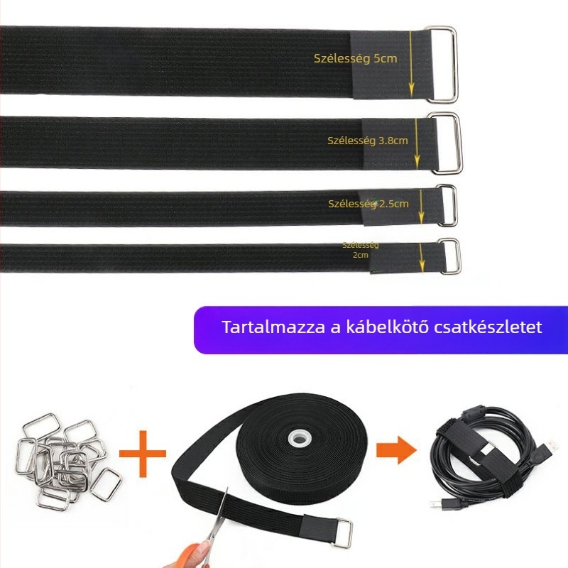 Öntapadós Velcro kábelkötő szalag nylon‑fém csattal, tápkábelekhez