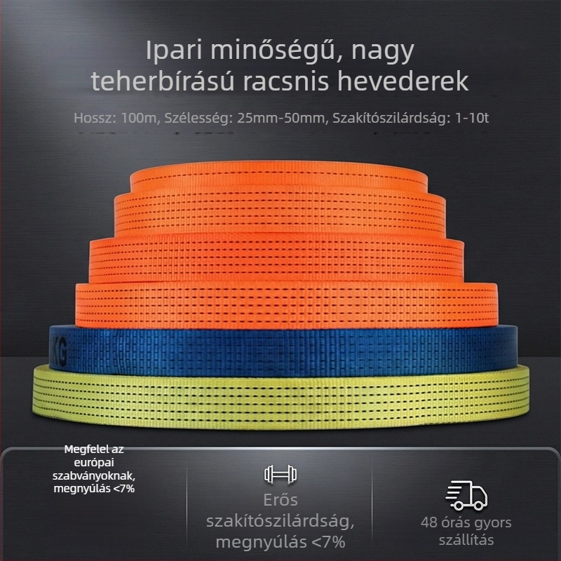 Narancssárga csörlős rögzítőheveder, tömör poliészter szövet, nagy szakítószilárdságú, kopásálló, hossz 100 m, szélesség 25–50 mm