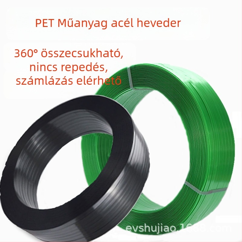 Átlátszó PET csomagoló szalag műanyag-acél kombinációból, modell 1608/1910, fekete, mag nélküli, 0.6–1 mm, húzószilárdság 350–380 kg, tekercs tömege 10–20 kg, tekercs külső Ø50–60 mm, belső Ø30–38 mm