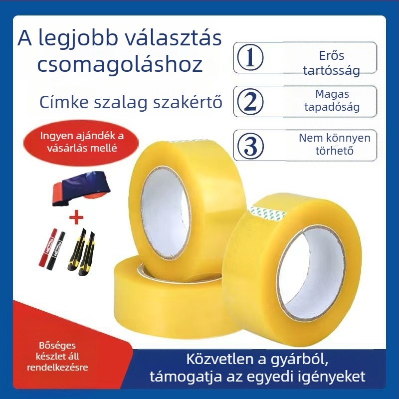Csomagoló szalag BOPP aljzaton; nagy viszkozitás; a tépéshez eszköz szükséges; ragasztórendszer: Packing Tape Express Tape; hőmérséklet-tűrés: rövid ideig 80°C, hosszú ideig 40°C