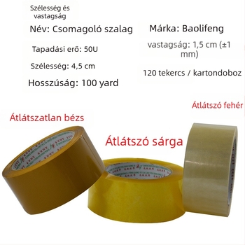 Baolifeng csomagoló szalag, átlátszó, BOPP alapú, membrán 28 μm, nyomásérzékeny ragasztó, viszkozitás 50U, hőmérséklet-tűrés normál