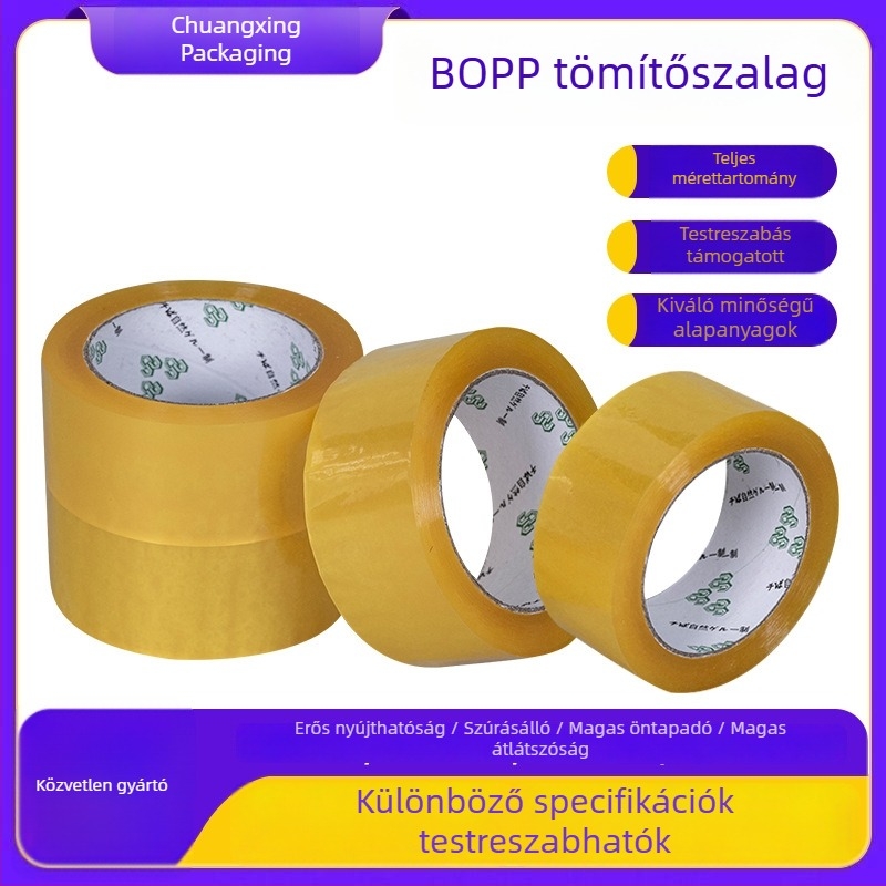 Csomagoló szalag, átlátszó sárga, magas tapadású, nagy tekercs, szélesség 45 mm, hossz 100 m, 55 mm BOPP-fólia
